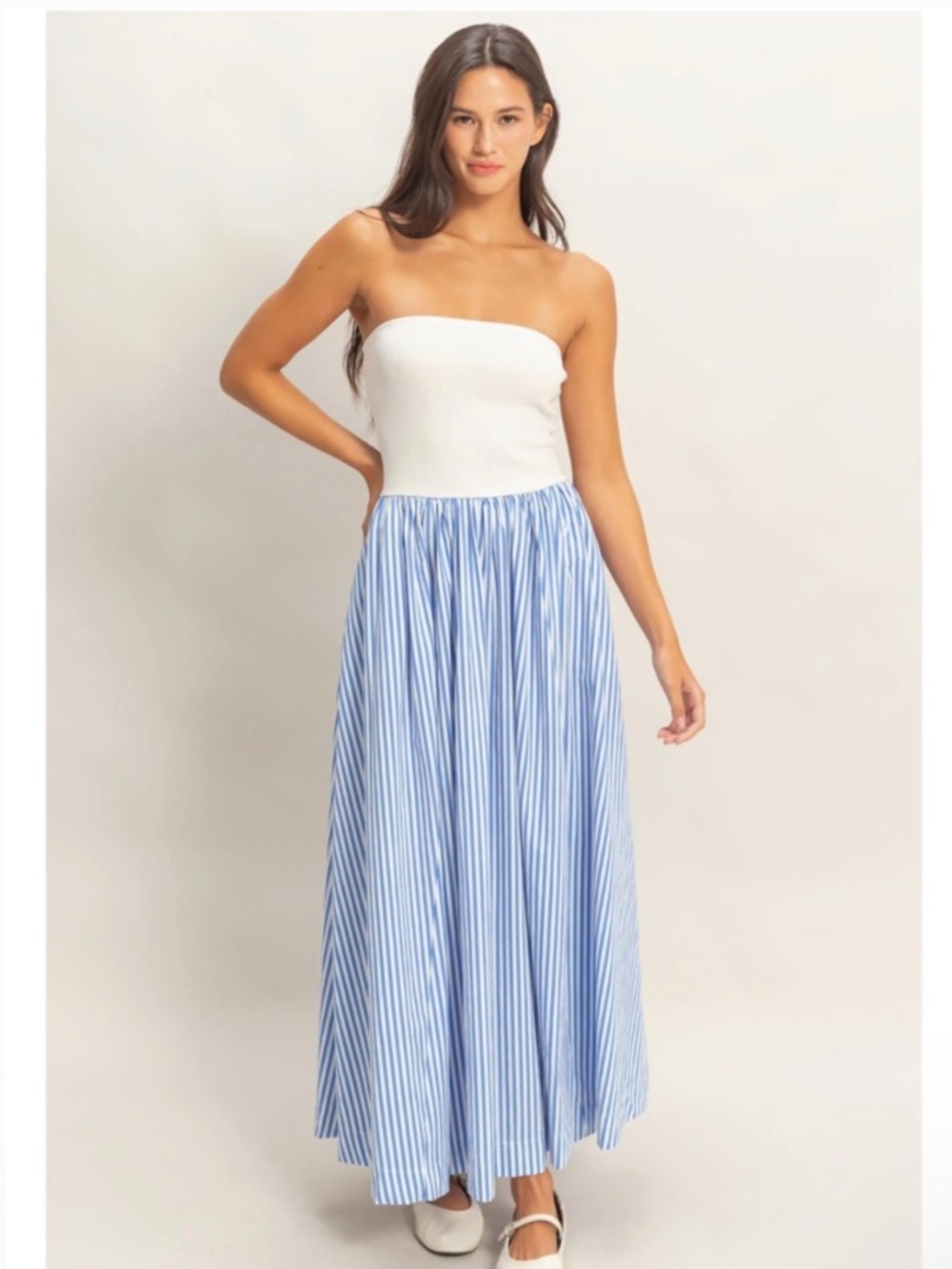 NEW Double Zero Blue Striped Strapless Flowy Midi Dress Large - Picture 5 of 5